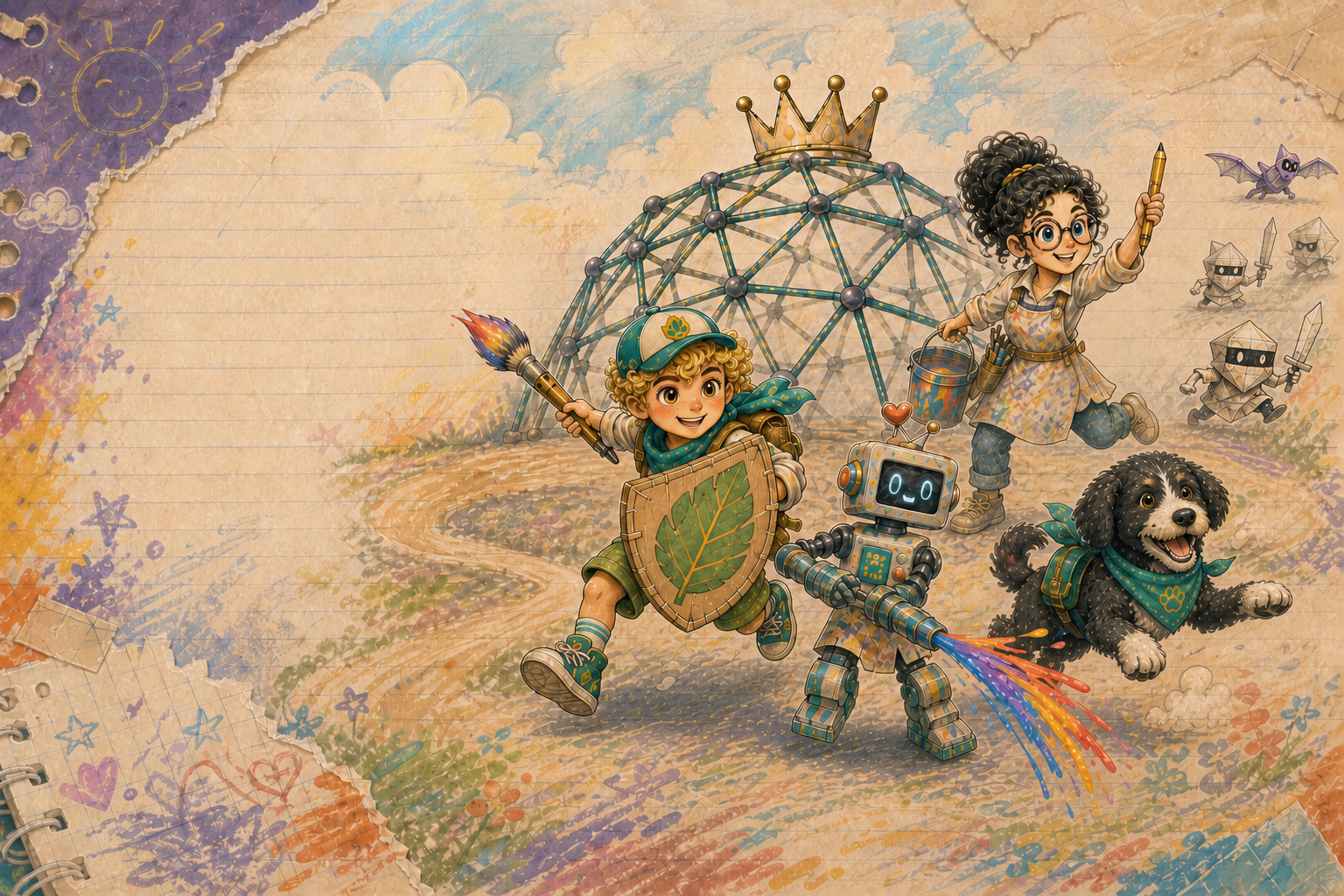 Young heroes, a robot, and a dog protect a playground dome with imaginative handmade equipment.